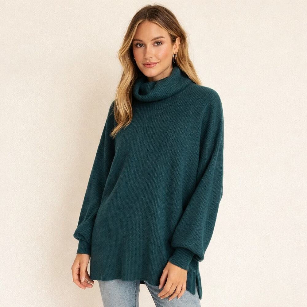 Free People Softly Structured Knit Tunic Turtleneck Pullover Sweater Teal XS